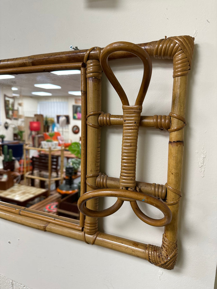Vintage Bamboo Mirror and Hat Hooks