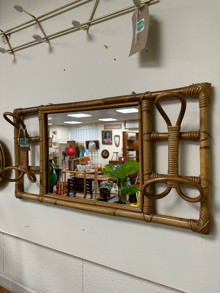 Vintage Bamboo Mirror and Hat Hooks