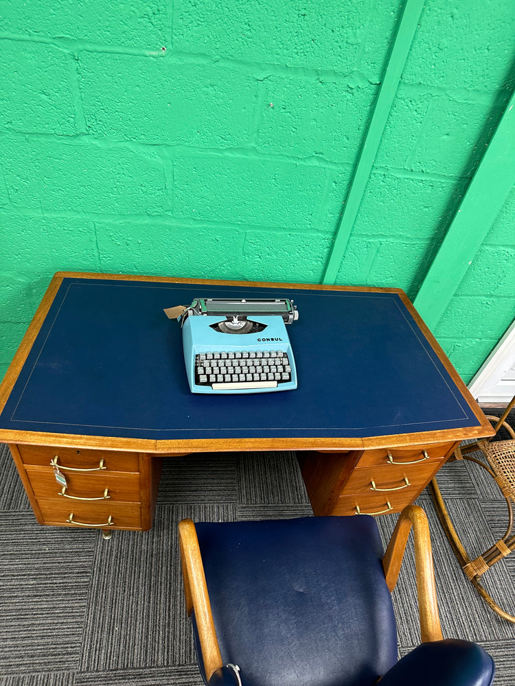 1960s Midcentury Desk with blue leather top and matching chair