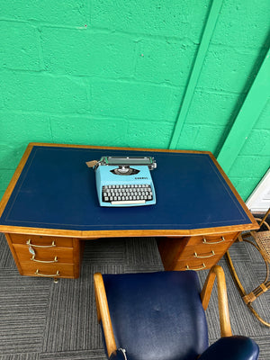 1960s Midcentury Desk with blue leather top and matching chair