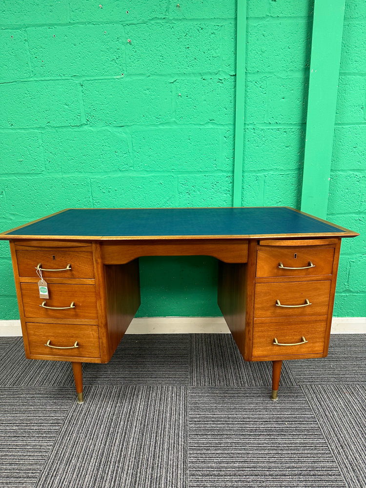 1960s Midcentury Desk with blue leather top and matching chair