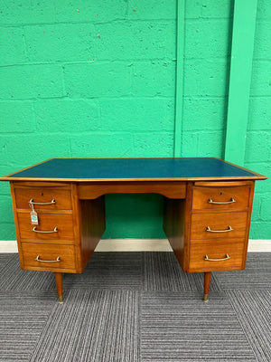 1960s Midcentury Desk with blue leather top and matching chair