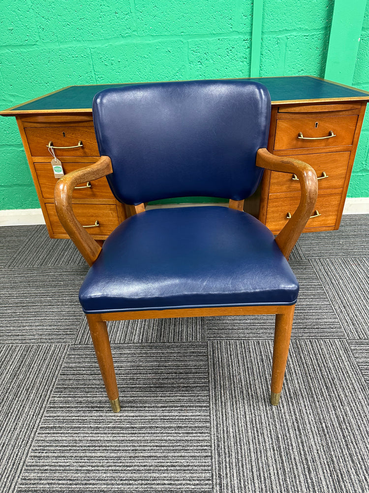 1960s Midcentury Desk with blue leather top and matching chair