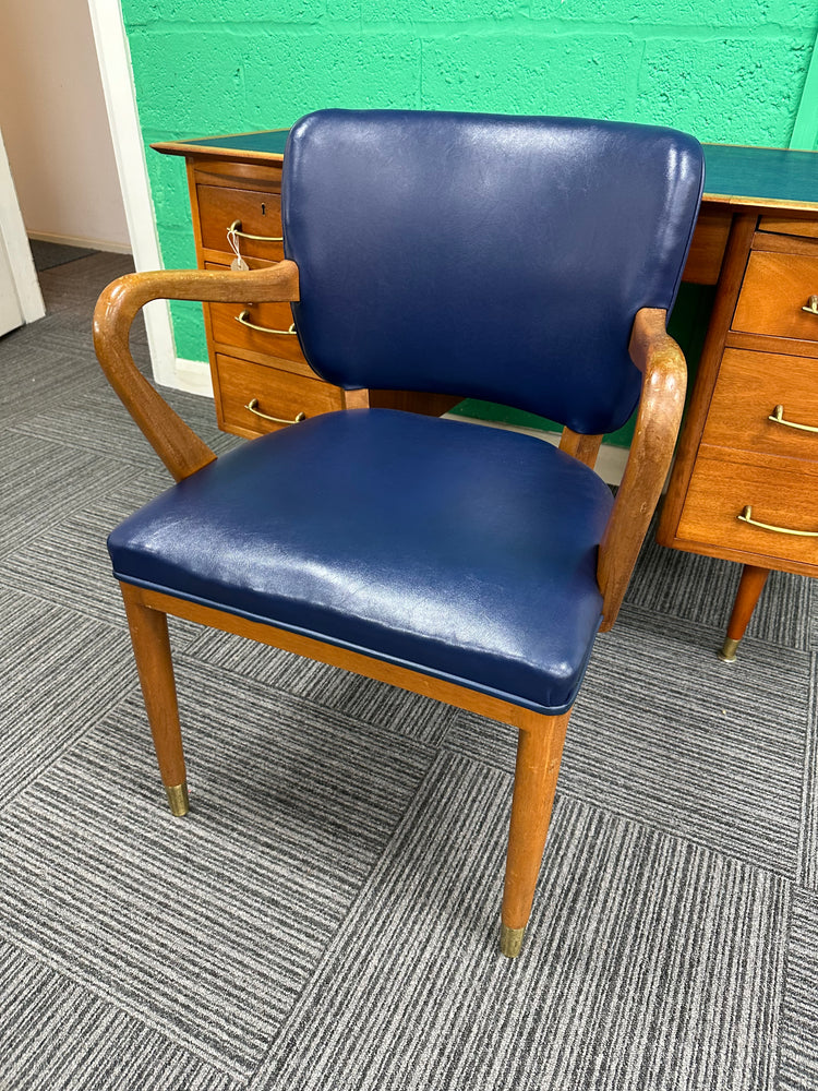 1960s Midcentury Desk with blue leather top and matching chair