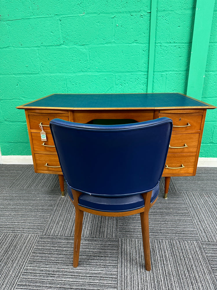 1960s Midcentury Desk with blue leather top and matching chair