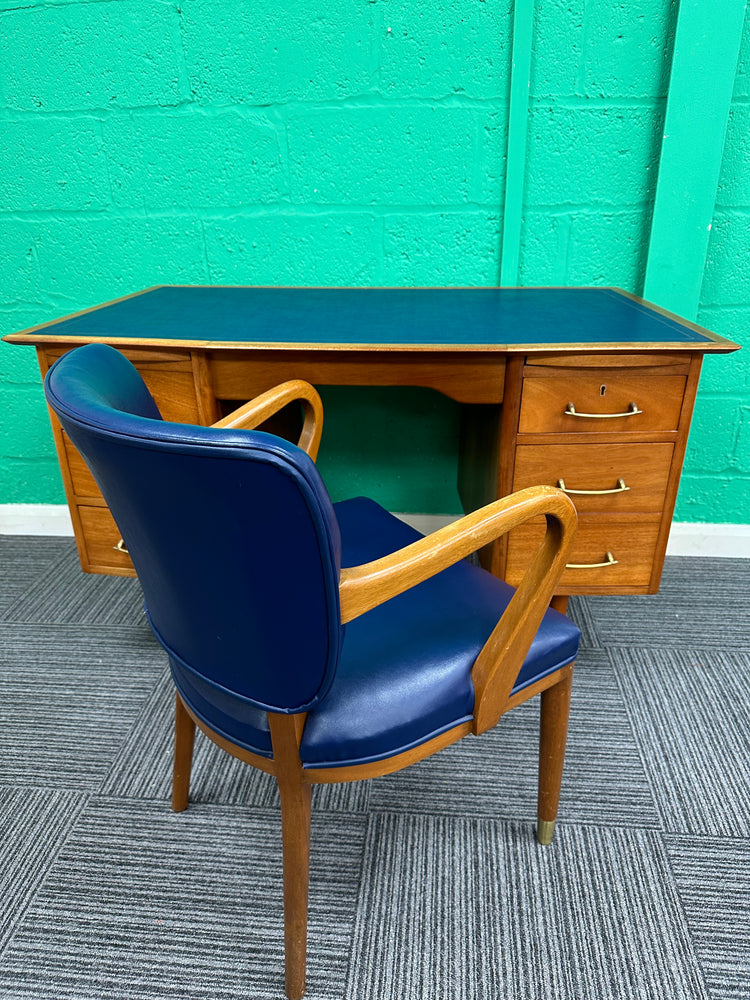 1960s Midcentury Desk with blue leather top and matching chair
