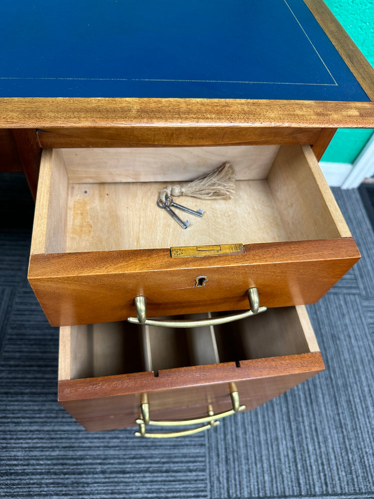 1960s Midcentury Desk with blue leather top and matching chair