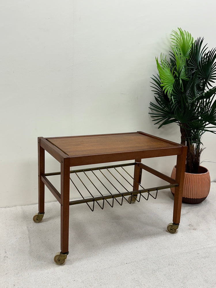 Small Danish Midcentury Teak Table with Magazine/Record Rack on wheels
