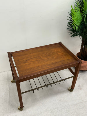 Small Danish Midcentury Teak Table with Magazine/Record Rack on wheels