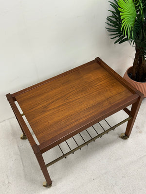 Small Danish Midcentury Teak Table with Magazine/Record Rack on wheels