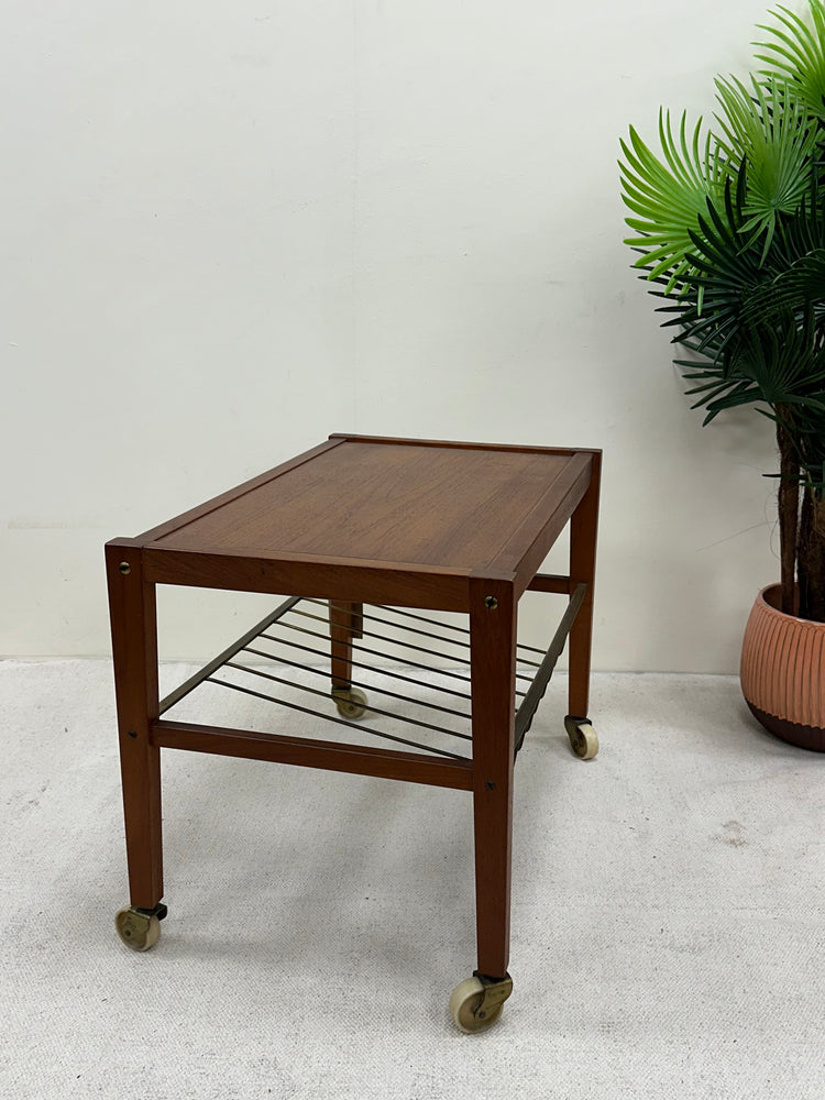 Small Danish Midcentury Teak Table with Magazine/Record Rack on wheels