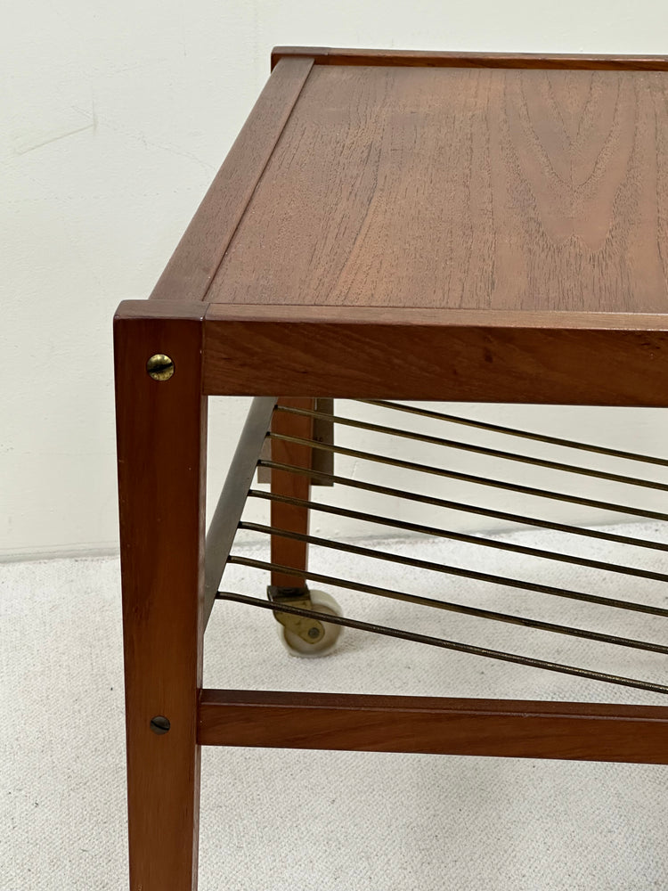 Small Danish Midcentury Teak Table with Magazine/Record Rack on wheels